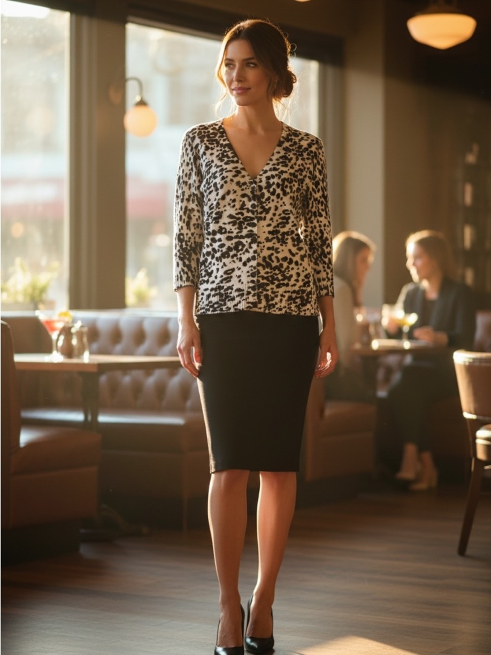 Eci Leopard Print Cardigan Sweater Stretch Lightweight Chic